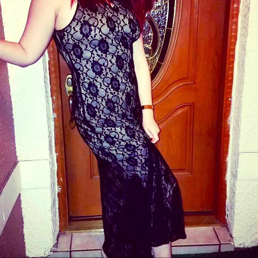 Sleeveless long black lace dress w/ nude underlay